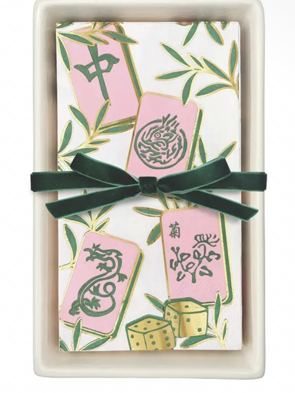 Mahjong Ceramic Guest Napkin Tray & Napkins Pink Green Gold Hostess Gift NIB